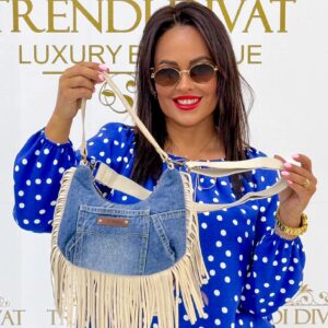 Small denim bag with fringes, long strap