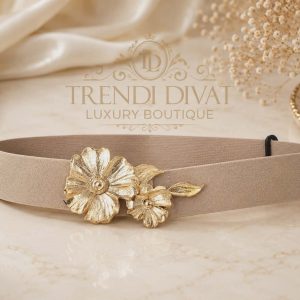 Women's waist belt with flower buckle - Wide beige elastic belt