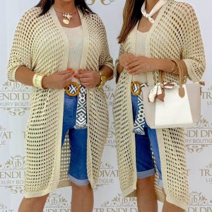 Long summer cardigan with openwork pattern in gold color