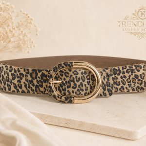 Leopard print, slightly glittery flexible fashion belt with semi-golden buckle