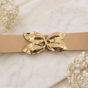 Wide beige rubber waist belt with gold leaf pattern metal buckle