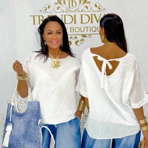 White women's blouse with back tie - Loose summer top