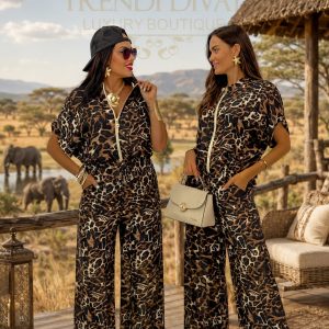 Women's leopard print two-piece ensemble with zip-up top and wide-leg pants - brown