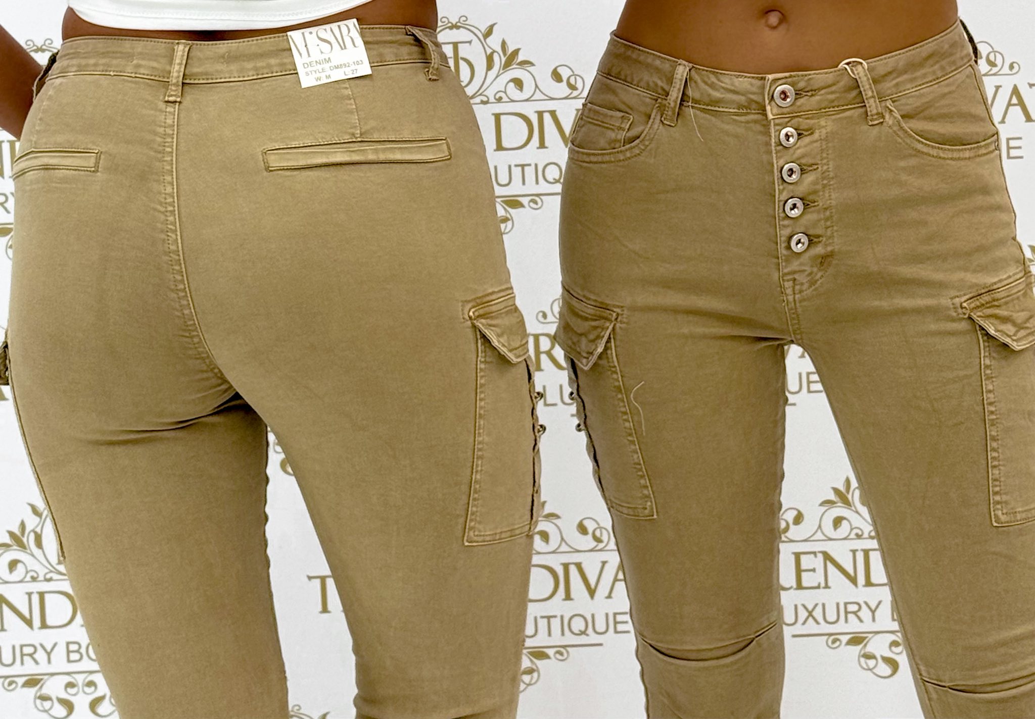 Oldalt zsebes, sok gombos, camel barna színű, elasztikus farmernadrág "DM892-103" - Image 3