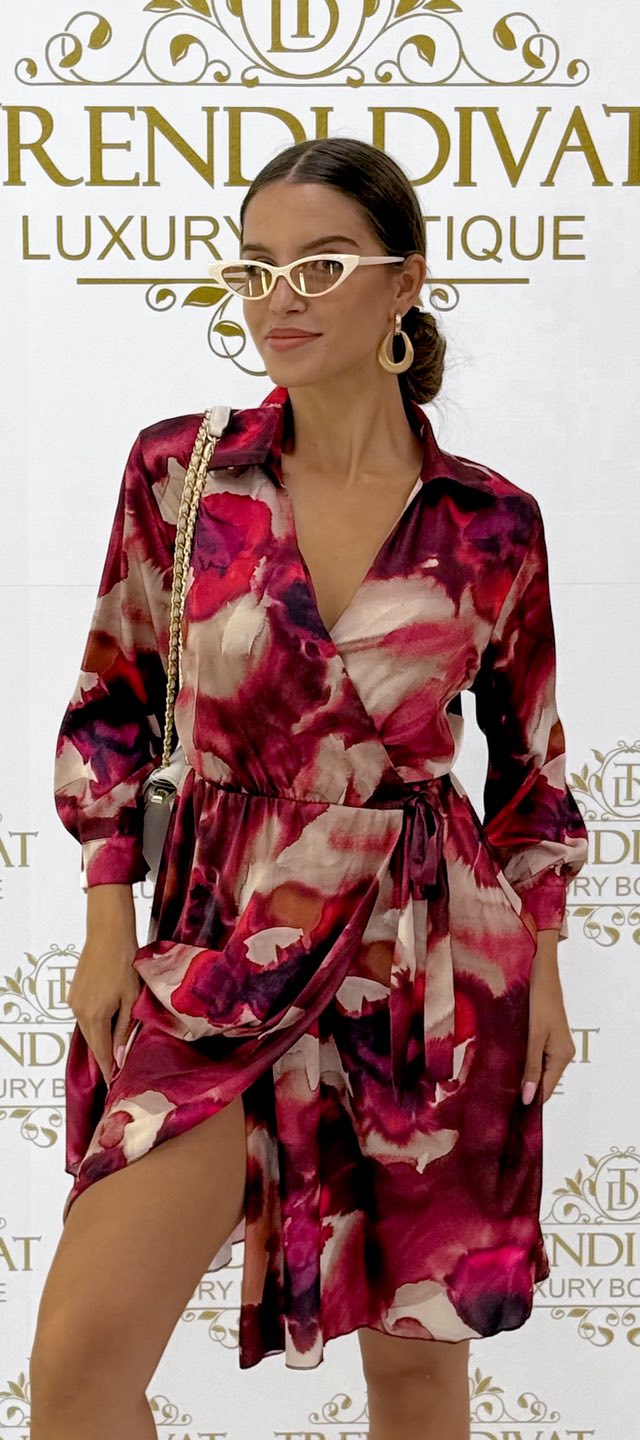 Átkötős, átlapolt fazonú, batikolt mintázatú selyem kis ruha - Image 18