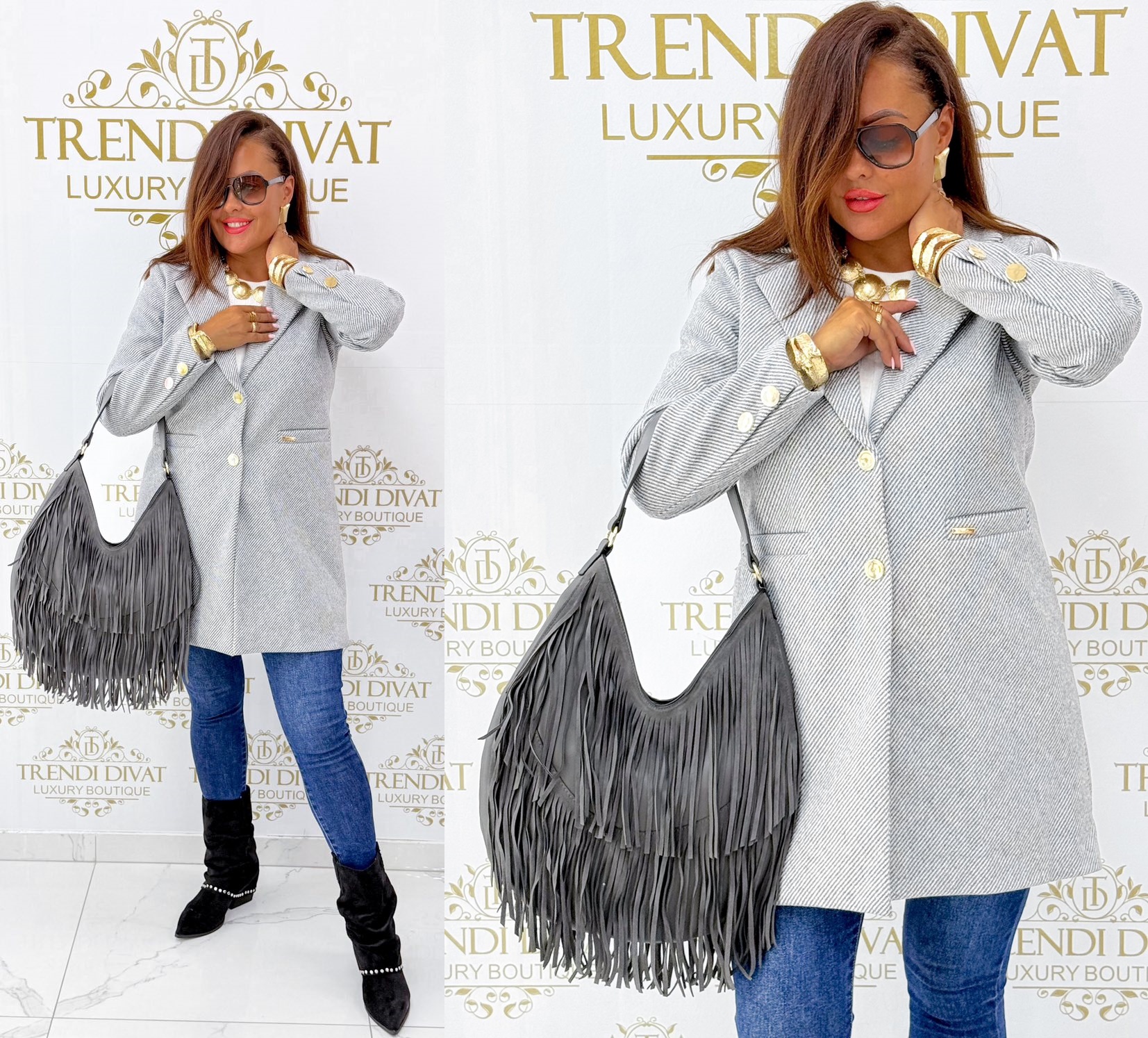 Arany színű gombokkal díszített, vastagabb szövet anyagú kabát