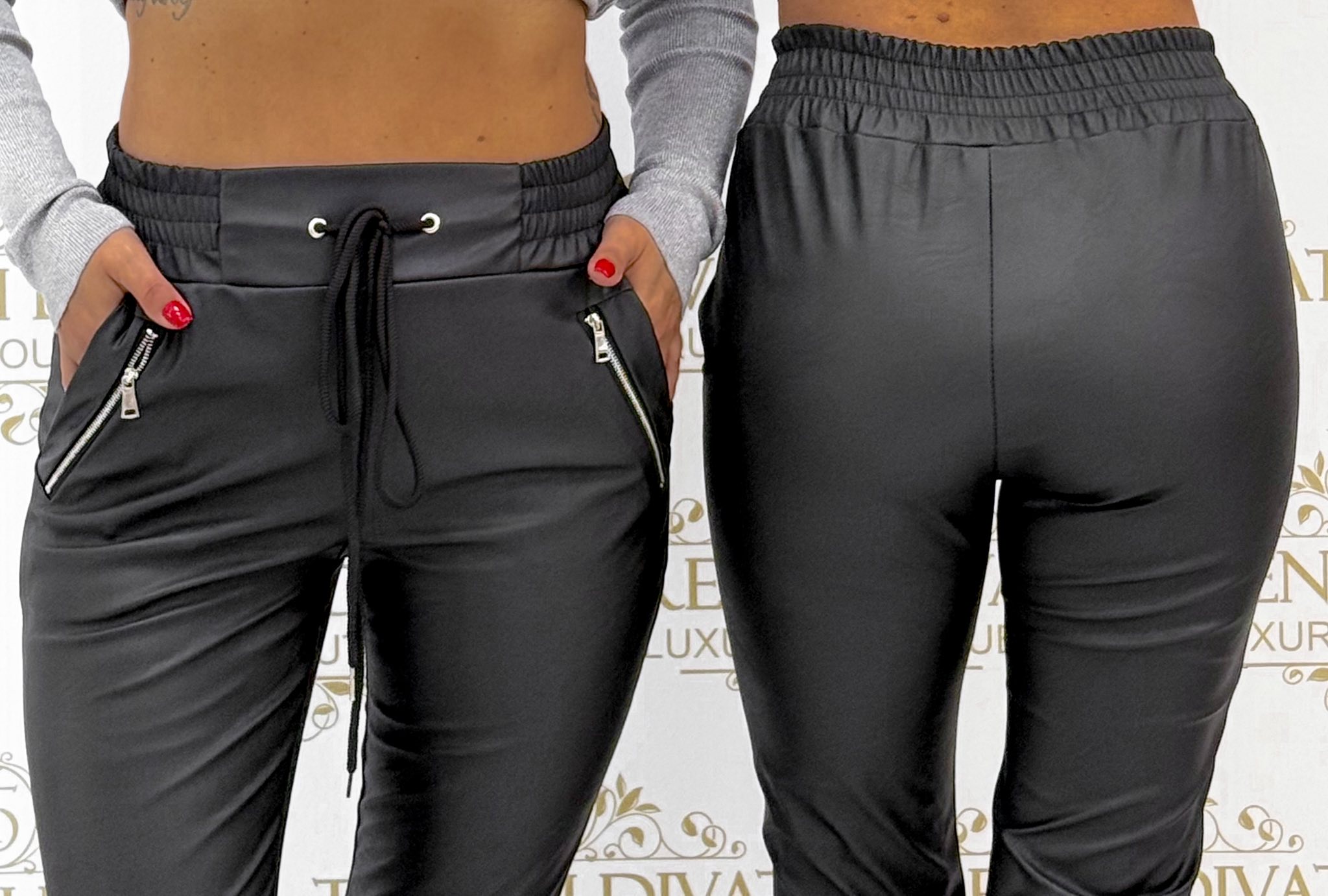 Gumis derekú, szárán és zsebénél cipzár díszes műbőr nadrág - Image 2