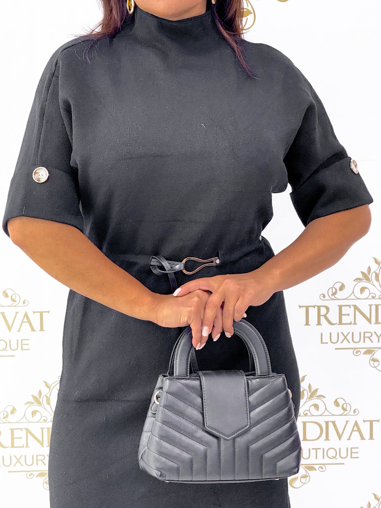 Ujján arany színű gomb díszes, puha kötött anyagú félgarbós ruha, ajándék övvel - Image 10