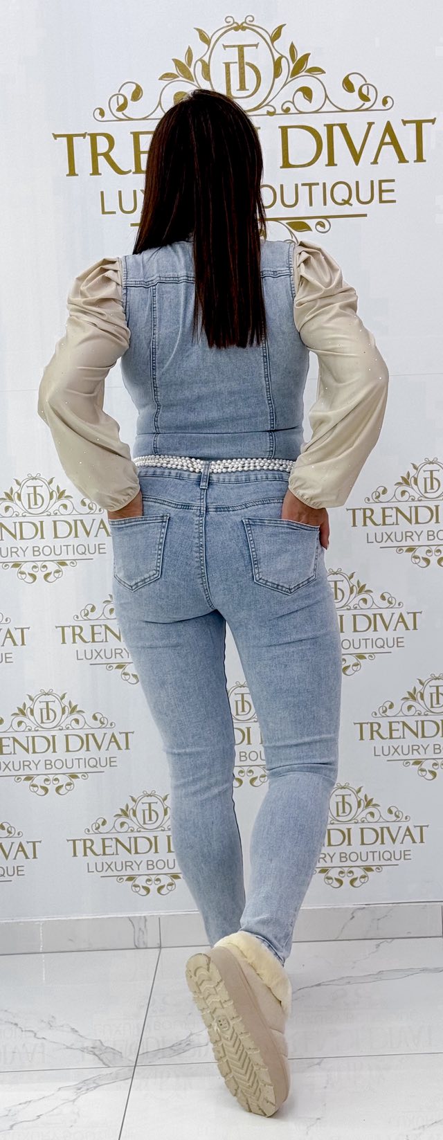 Gyöngyökkel és kövekkel kirakott ujjatlan farmer overál "C105" - Image 5