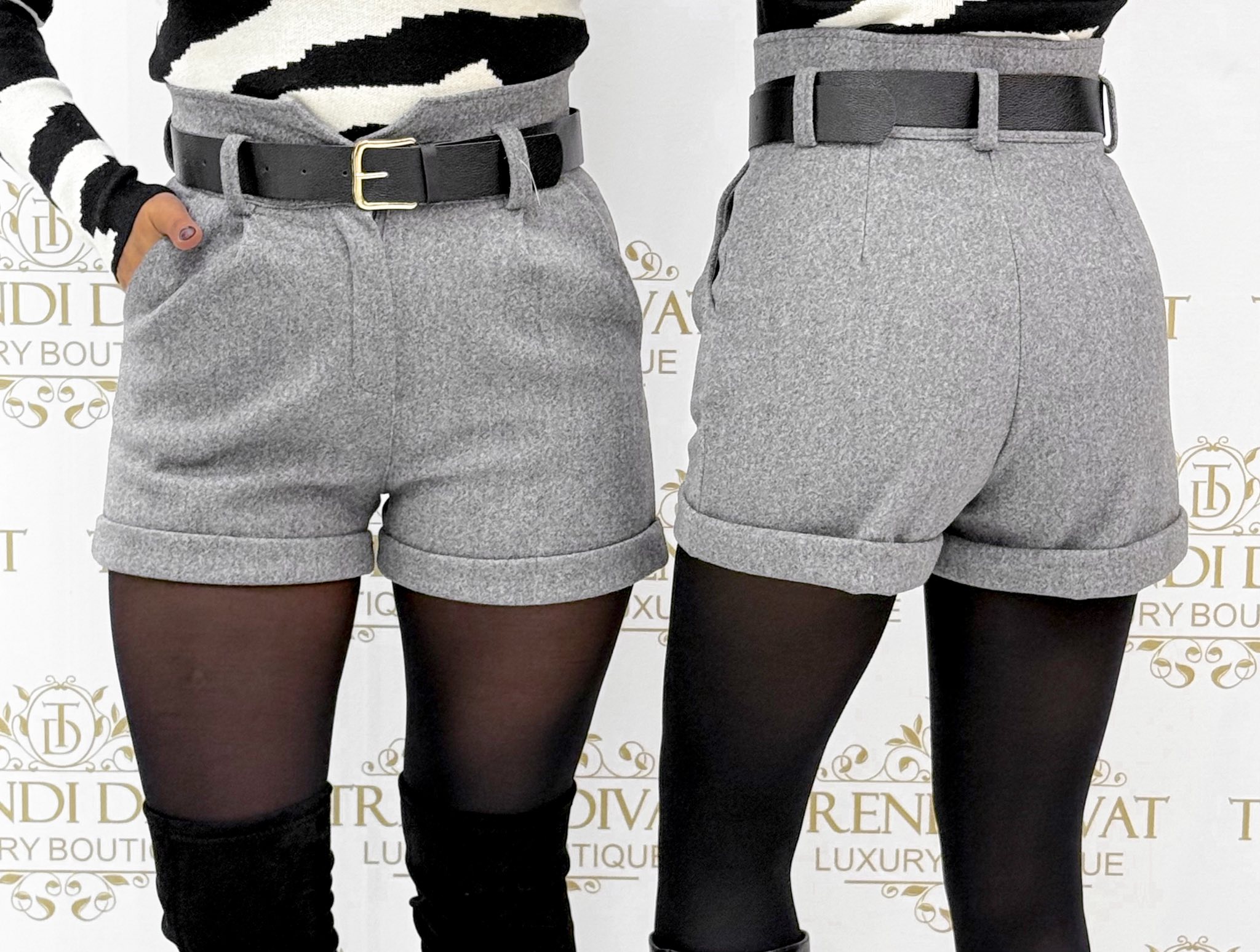 Vastagabb szövet hatású, magas derekú short, ajándék övvel - Image 22