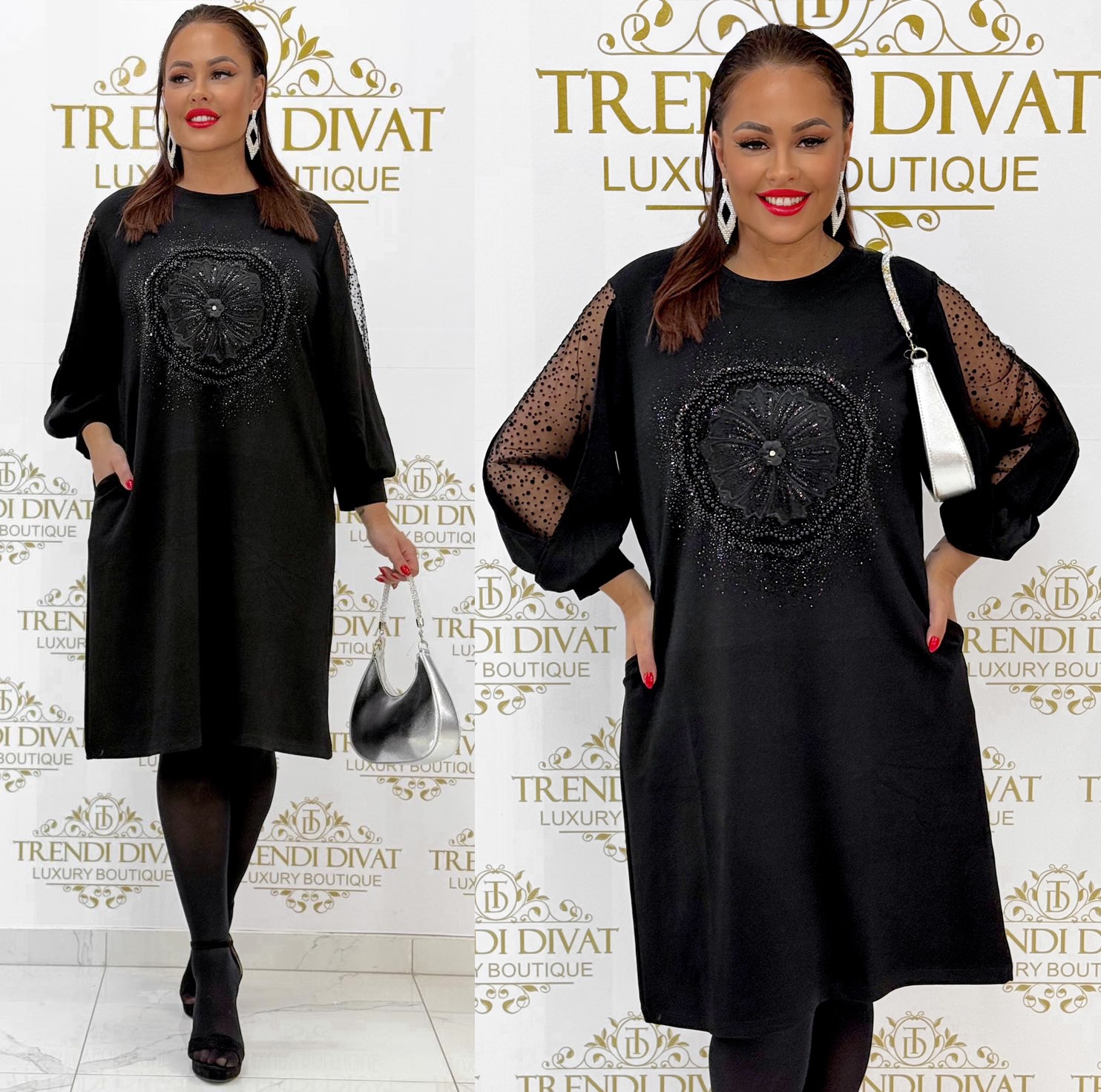 Gyöngyökkel és kövekkel díszített virág mintázatú, nyitott pöttyös tüll betét ujjas, zsebes ruha