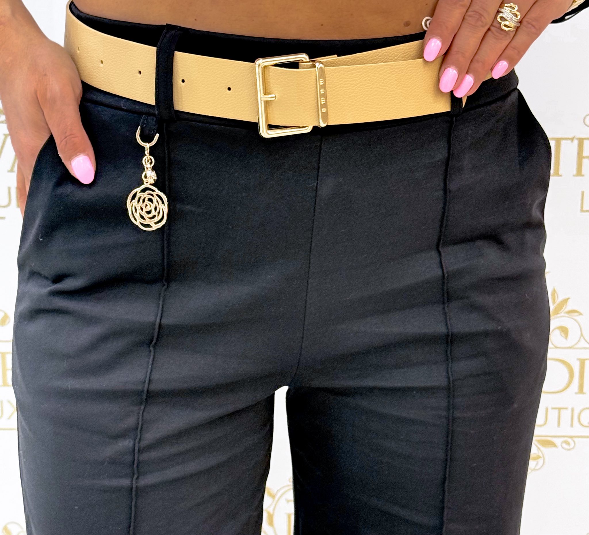 Virágos ékszer díszes, élén varrott palazzo nadrág, ajándék övvel - Image 2