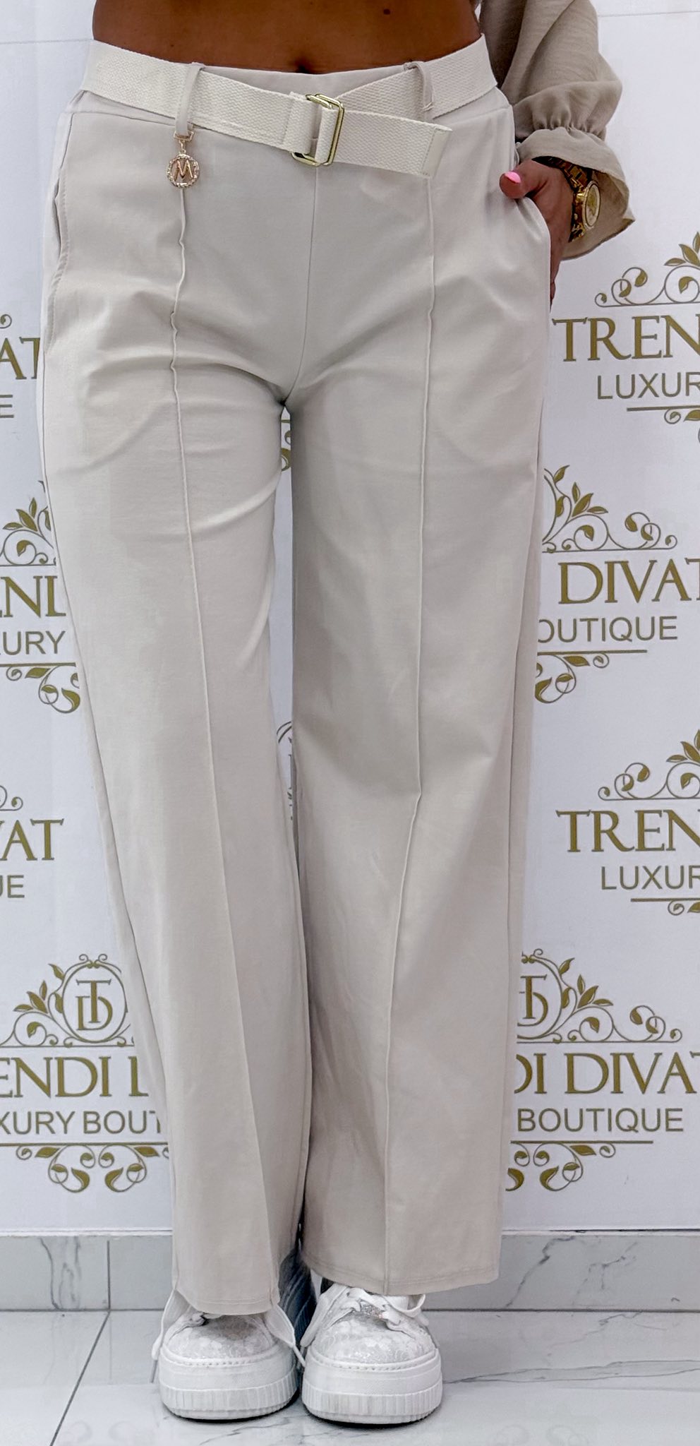 "M" bilétás, gumis derekú, élén varrott palazzo nadrág, ajándék övvel - Image 13