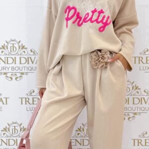 Kövekkel díszített "Pretty" feliratos együttes - Bézs