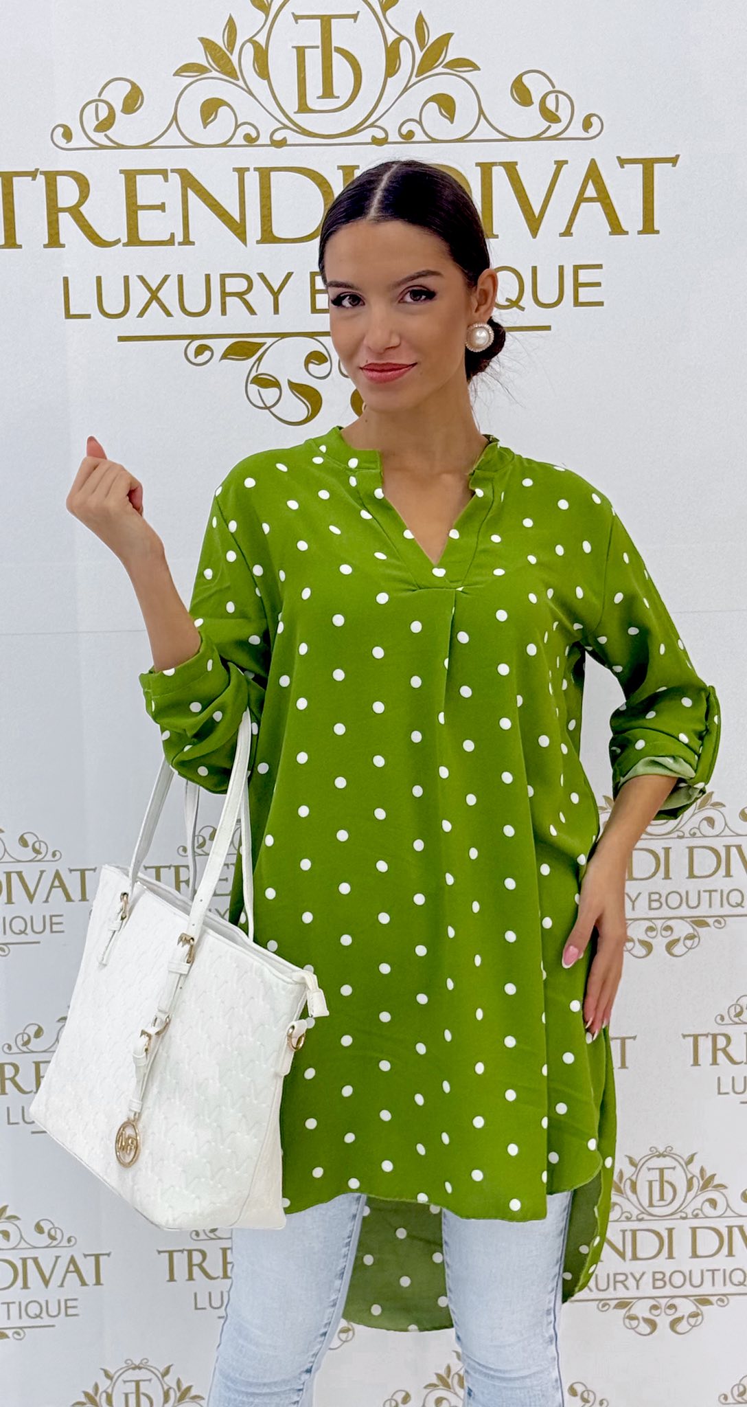 Pöttyös, álló galléros, elől rövidebb fazonú, lenge anyagú ing tunika - Image 44