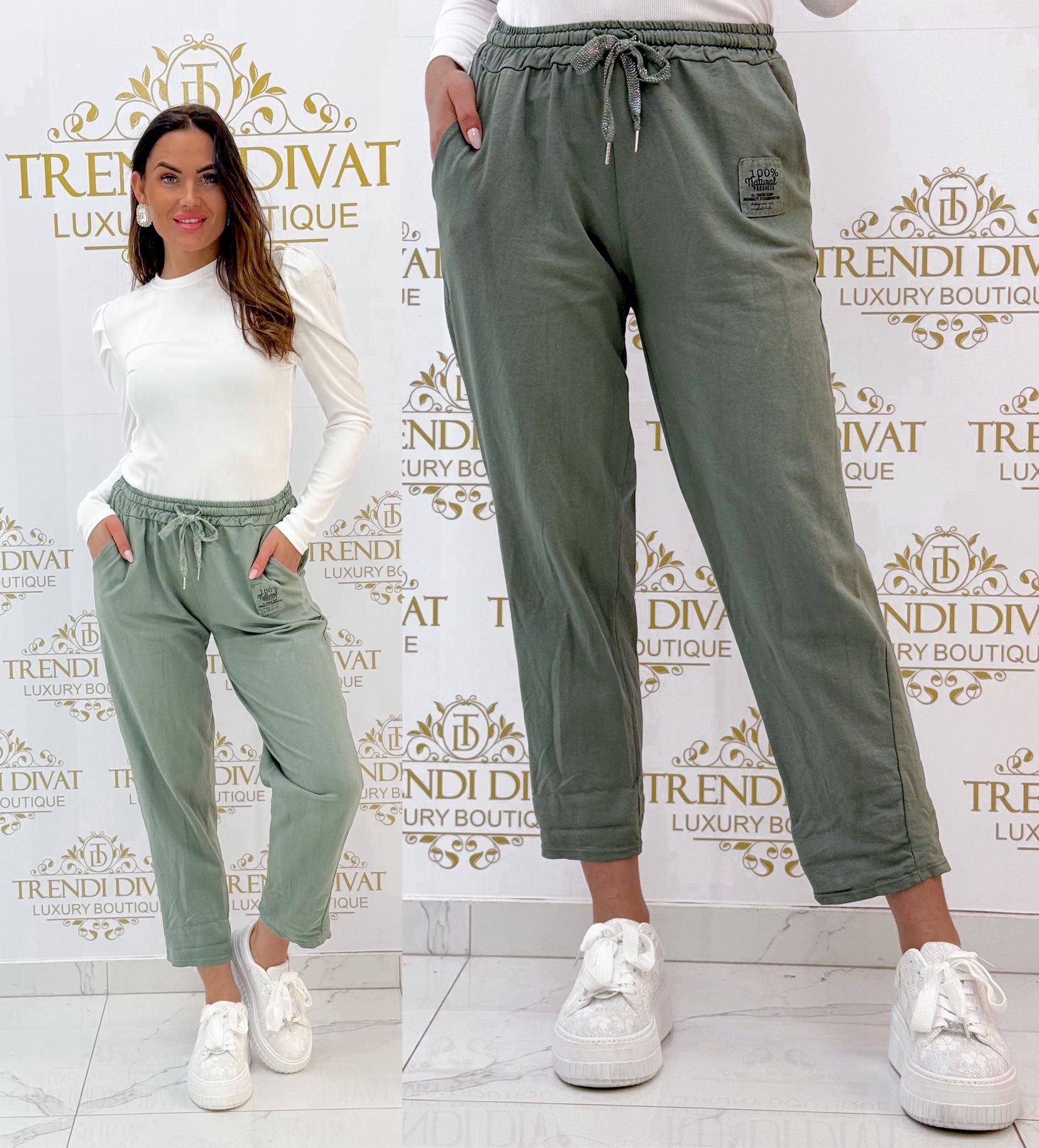 Gumis derekú, "100% Natural" bilétás, szabadidő nadrág