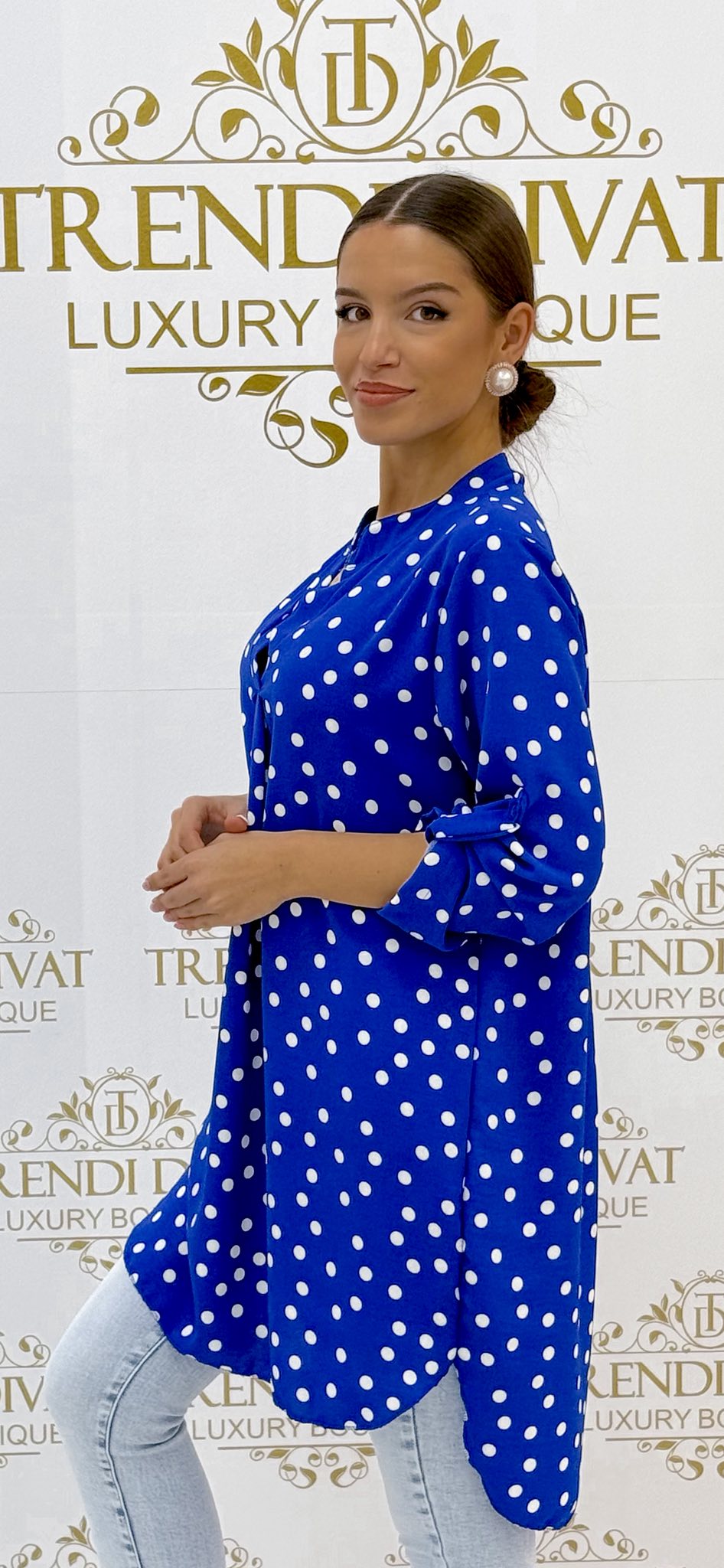 Pöttyös, álló galléros, elől rövidebb fazonú, lenge anyagú ing tunika - Image 32