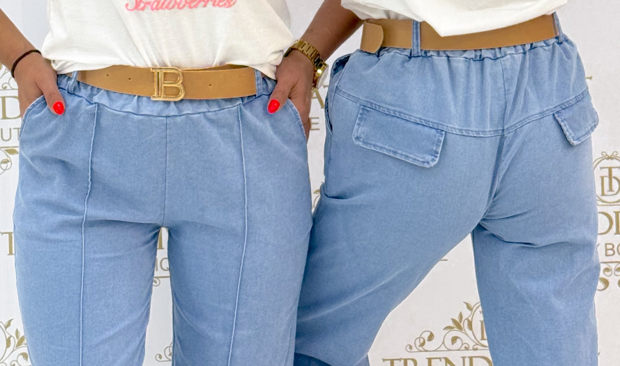 Élén varrott, elasztikus farmer hatású nadrág, ajándék övvel - Image 2