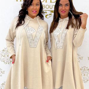 Kapucnis, 2 oldalt hosszabb fazonú, kövekkel díszített "V" mintázatú, zsebes tunika - Bézs