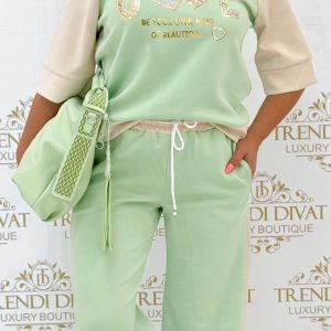 Flitter betétes "COOL" feliratos palazzo szett - Menta