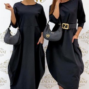 Oldalzsebes, hagyma fazonú maxi ruha - Fekete