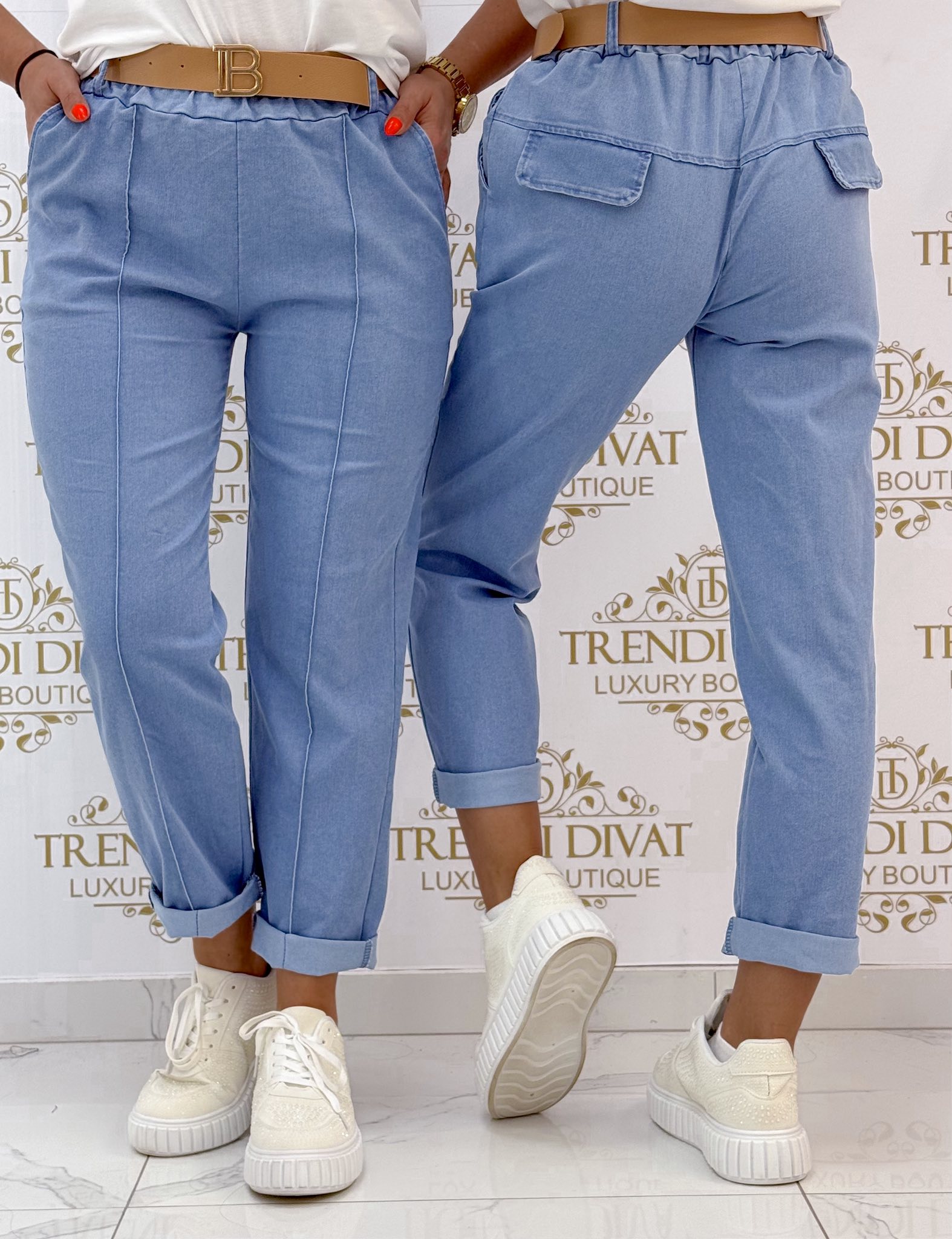 Élén varrott, elasztikus farmer hatású nadrág, ajándék övvel