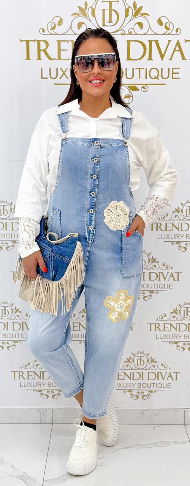 Horgolt virágokkal díszített, kantáros farmer overál "SW2007" - Image 4