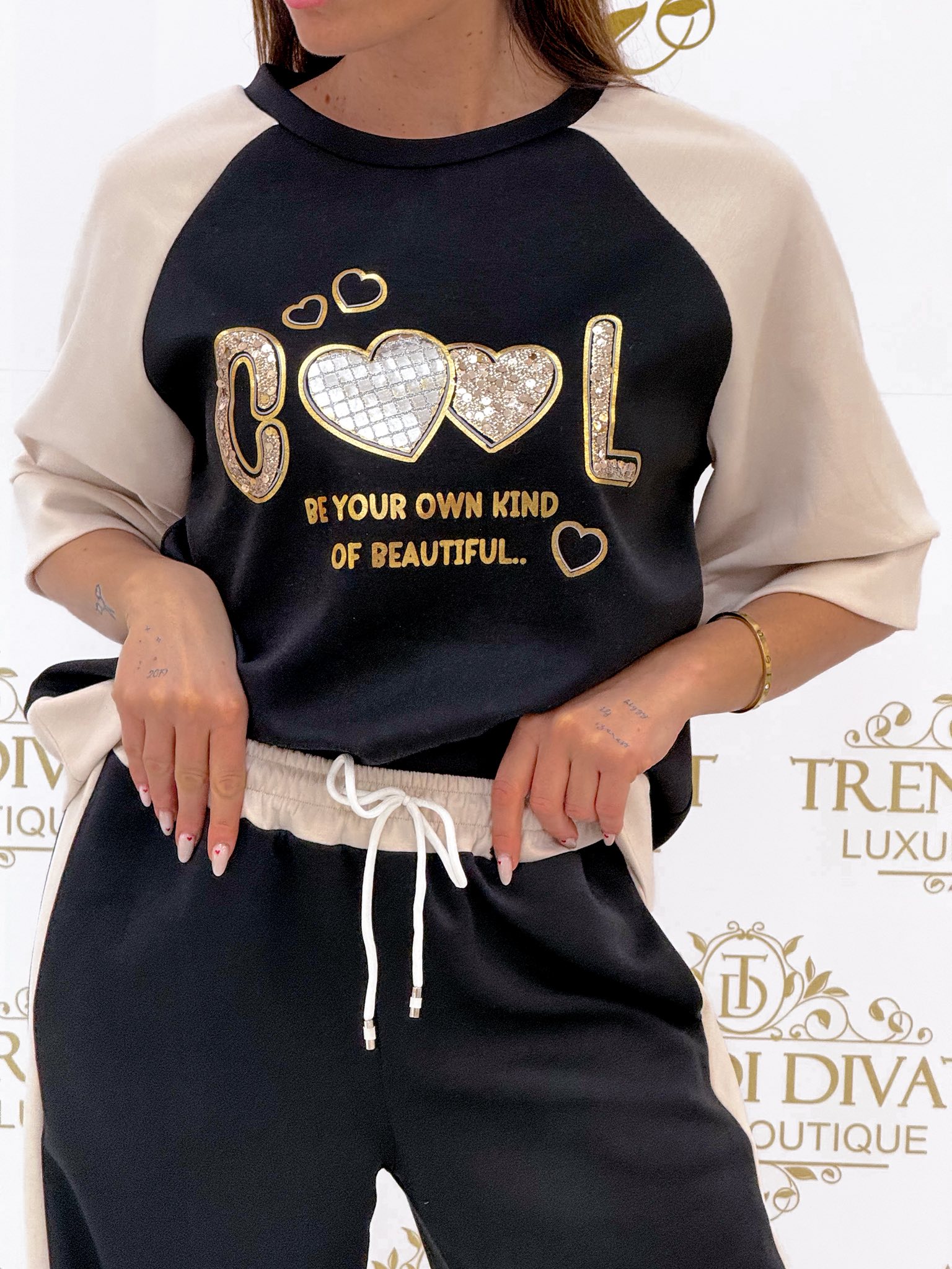 Flitter betétes "COOL" feliratos palazzo szett - Image 3