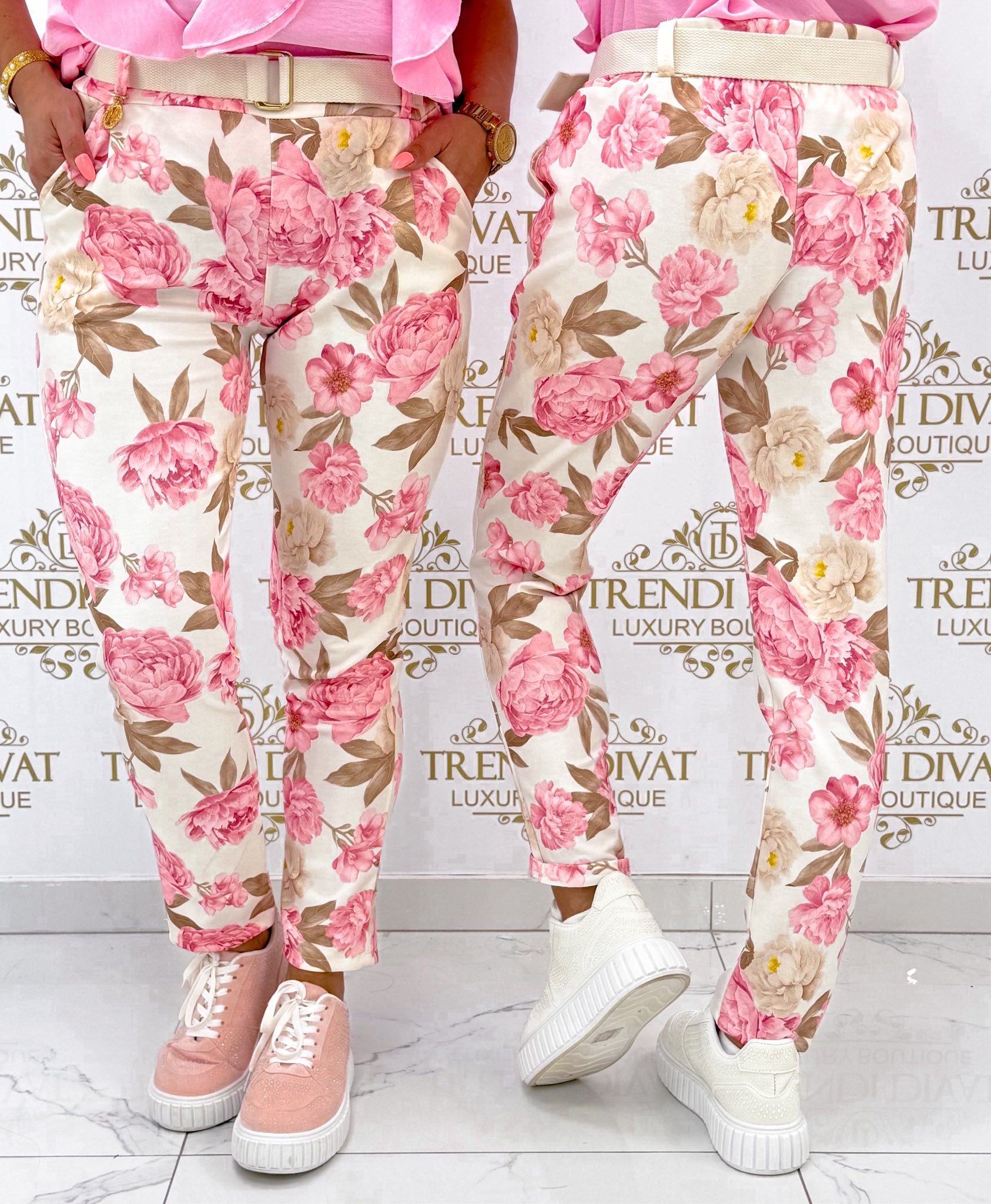 Virág mintázatú elasztikus nadrág, ajándék övvel "13286" - Image 3