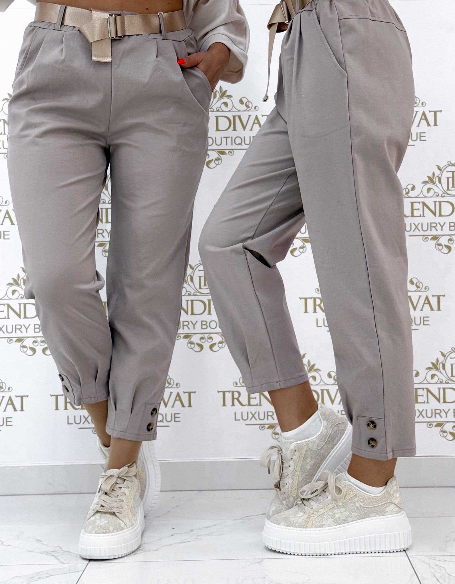 Szárán 2 gombbal díszített, MOM fazonú elasztikus vászon anyagú nadrág, ajándék övvel - Image 34