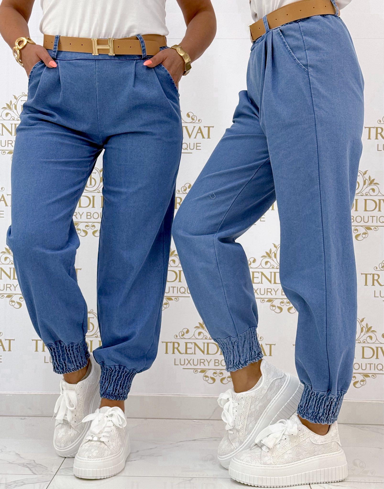 Széles gumírozott passzés aljú, farmer hatású nadrág, ajándék övvel "8681" - Image 2