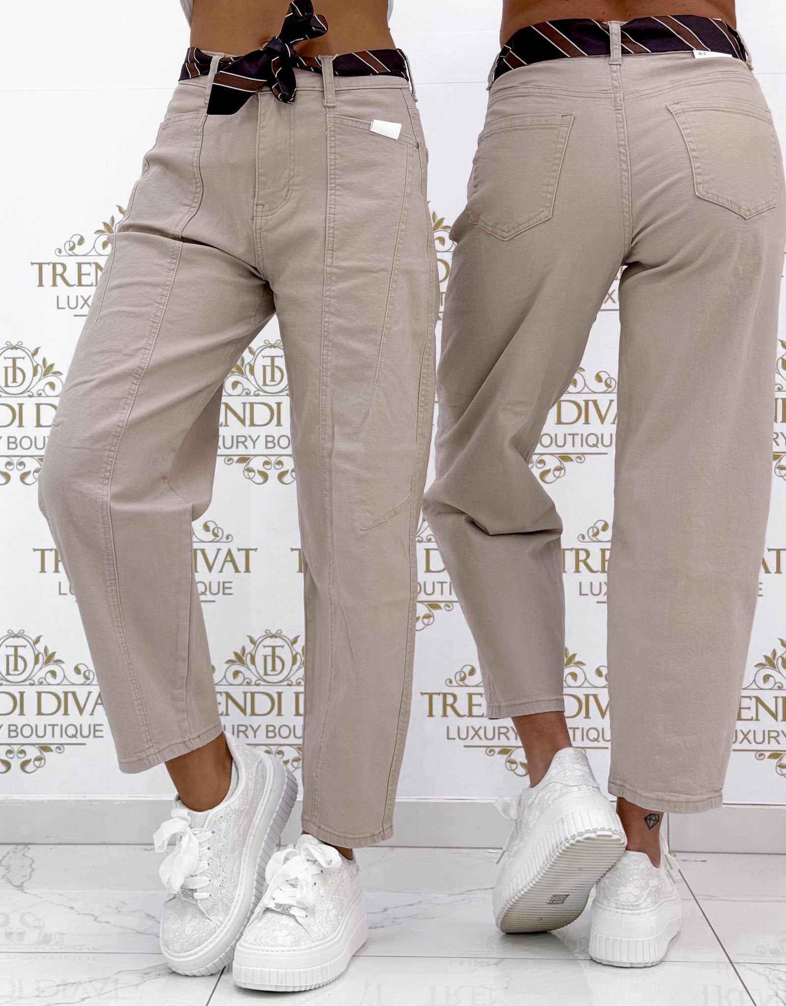 Ballon fit fazonú, bézs színű elasztikus farmernadrág, ajándék övvel "BG1669-9" - Image 2