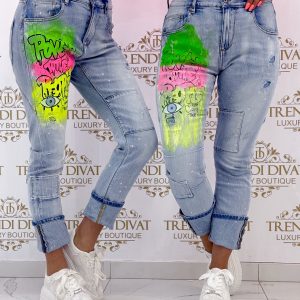 Neon színű grafiti mintázatú, festék pöttyös, egyedi farmernadrág "SW1206" - S