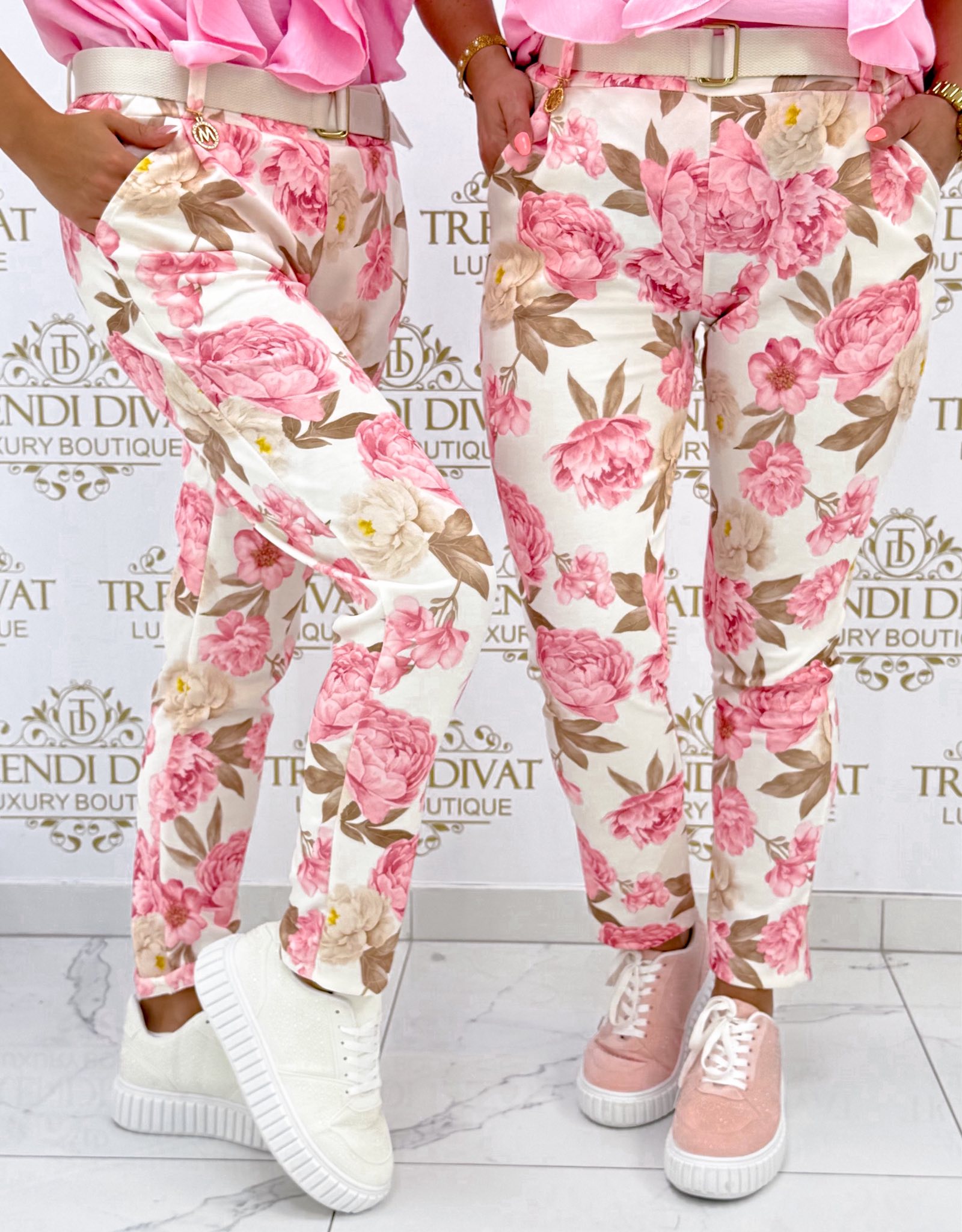 Virág mintázatú elasztikus nadrág, ajándék övvel "13286" - Image 4