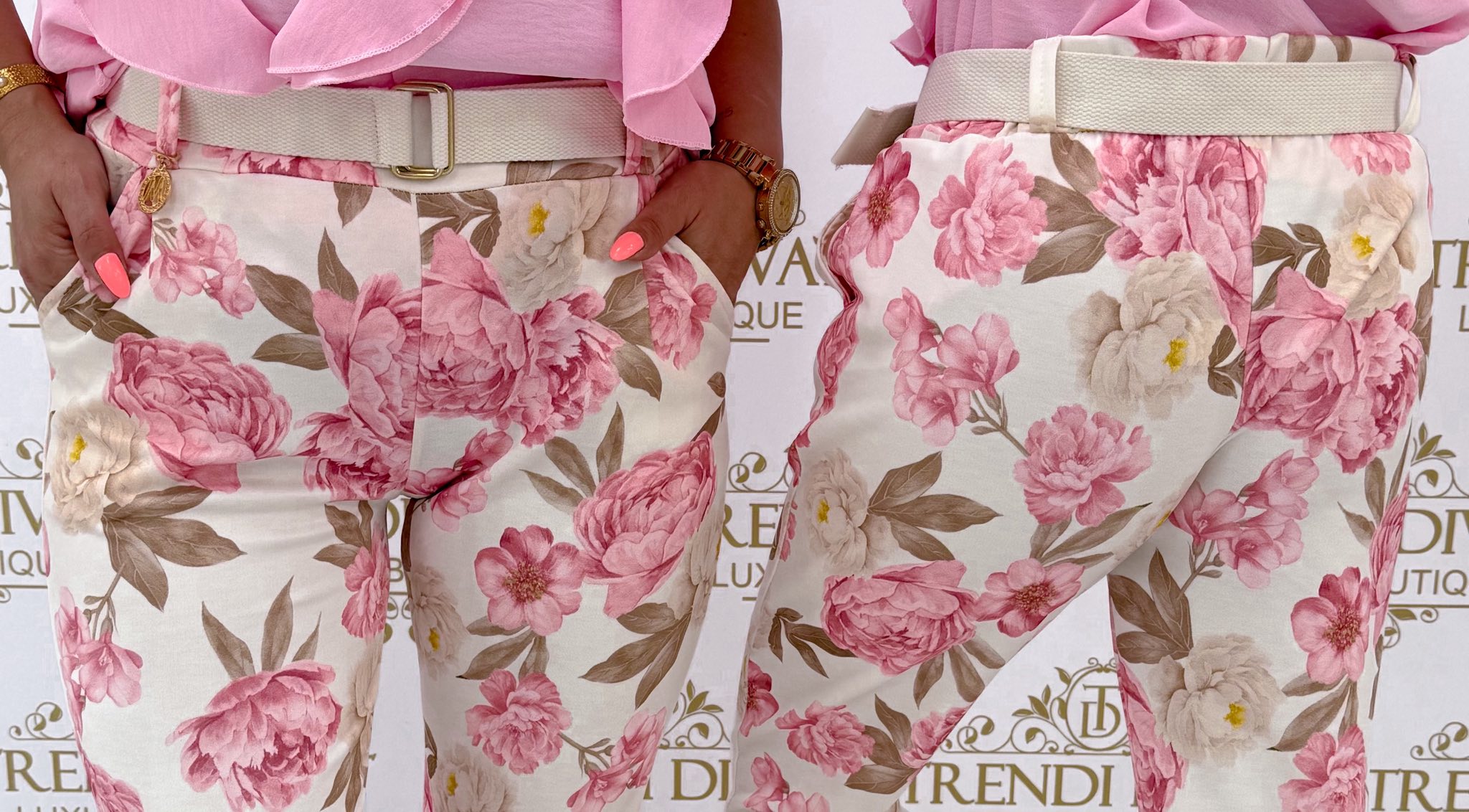 Virág mintázatú elasztikus nadrág, ajándék övvel "13286" - Image 5