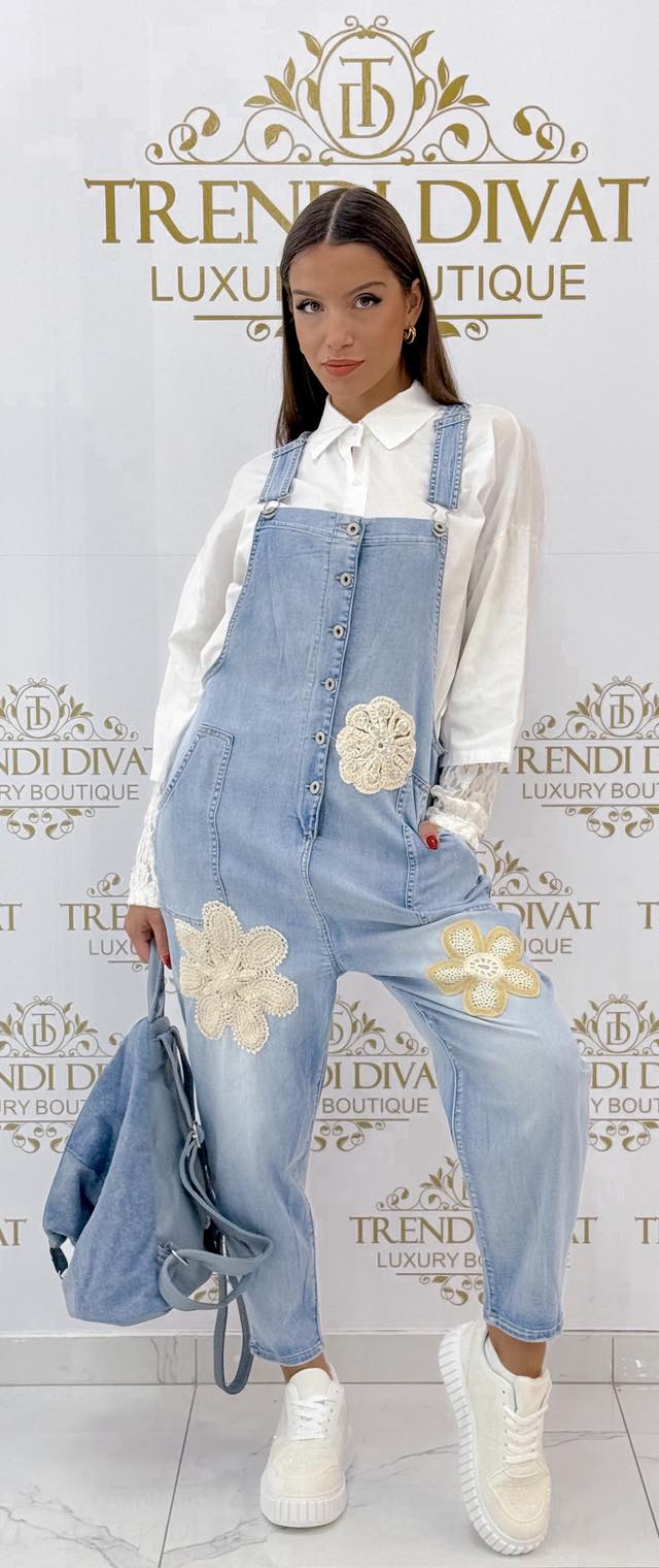 Horgolt virágokkal díszített, kantáros farmer overál "SW2007" - Image 7