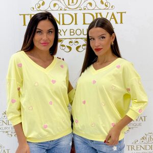 V-nyakú, szívecske mintázatú, 3/4-es ujjú kis felső - Citromsárga