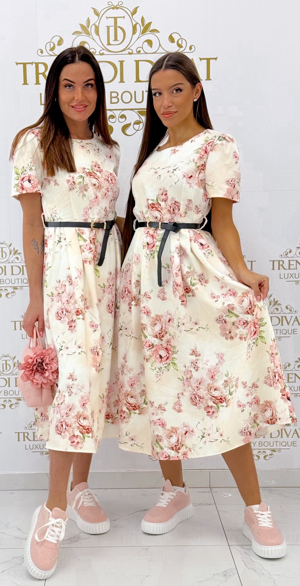 Virág mintázatú, cipzáras hátú midi ruha, ajándék övvel - Image 2