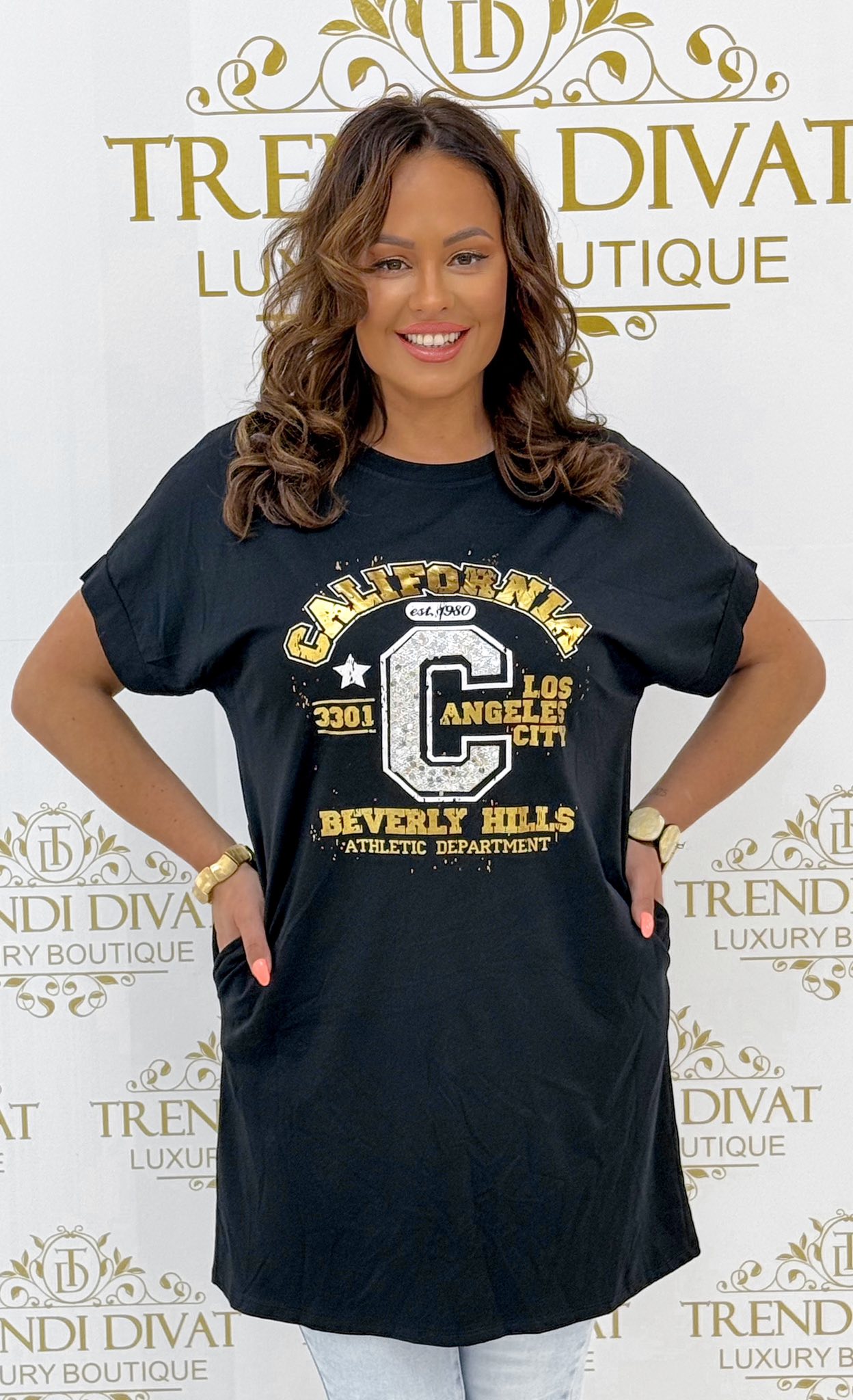 "California" arany színű nyomott feliratos, zsebes tunika - Image 20