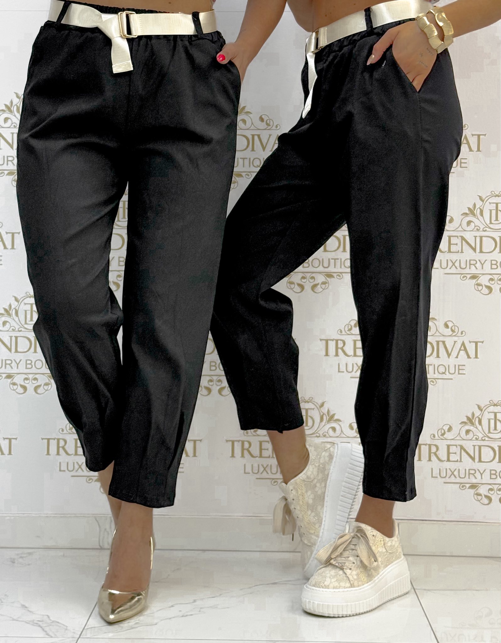 Gumis derekú, ballon fit fazonú, elasztikus vászon anyagú nadrág, selyemfényű övvel - Image 4