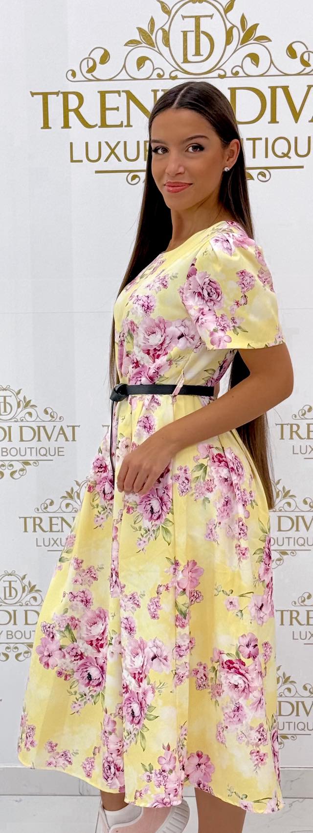 Virág mintázatú, cipzáras hátú midi ruha, ajándék övvel - Image 31