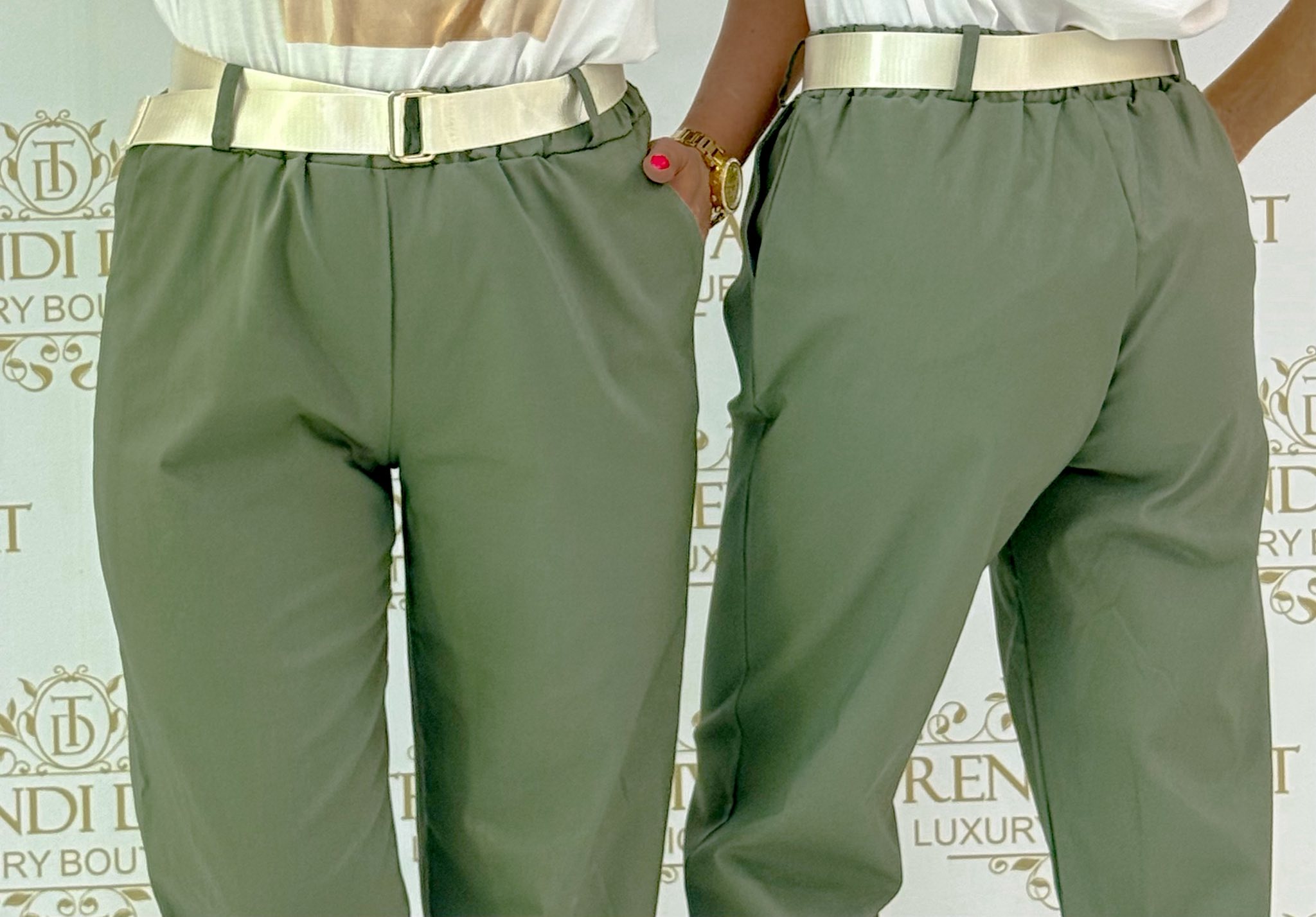 Gumis derekú, ballon fit fazonú, elasztikus vászon anyagú nadrág, selyemfényű övvel - Image 22