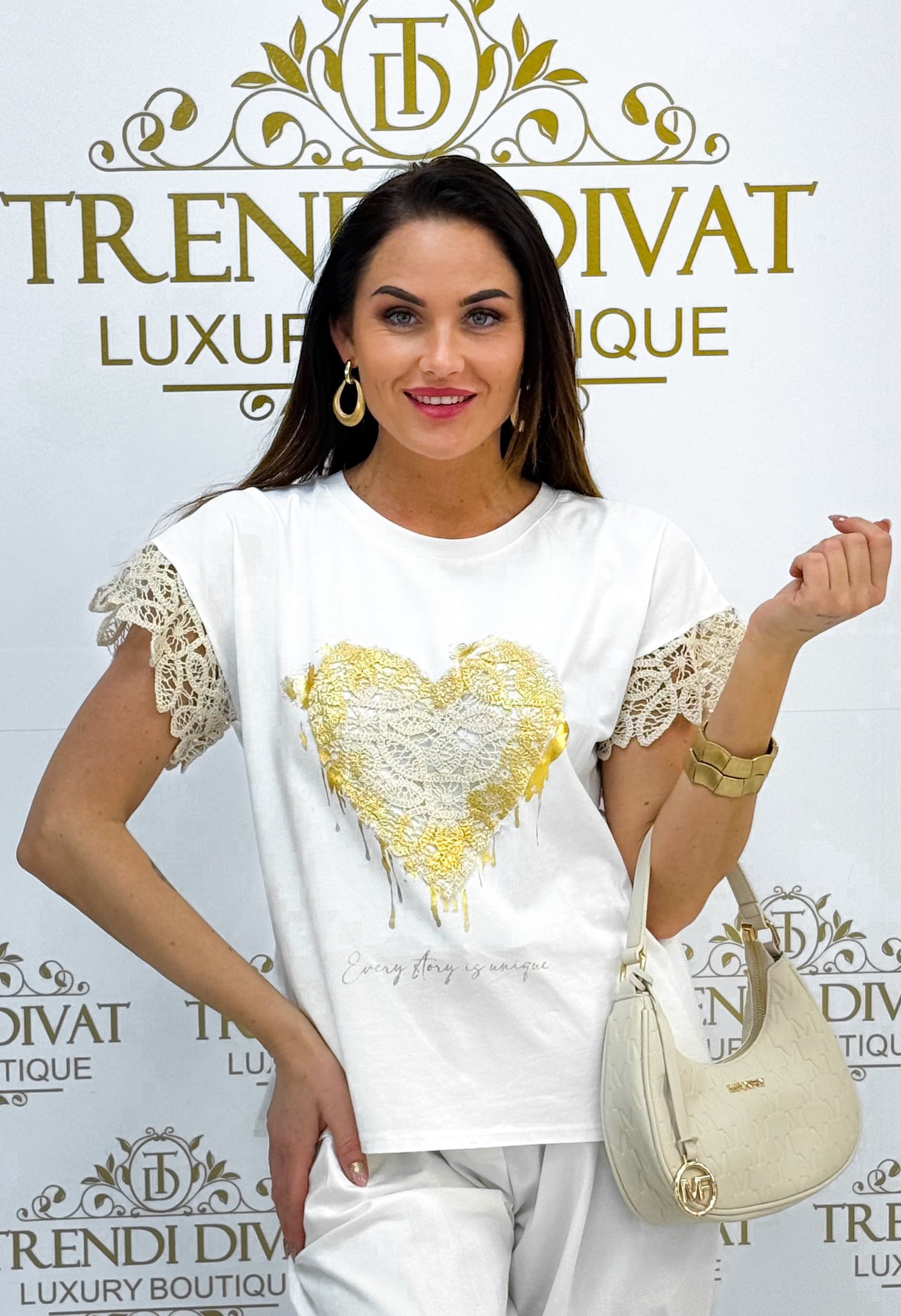 Bézs színű horgolt szegély ujjas, szív mintázatú felső - Image 7