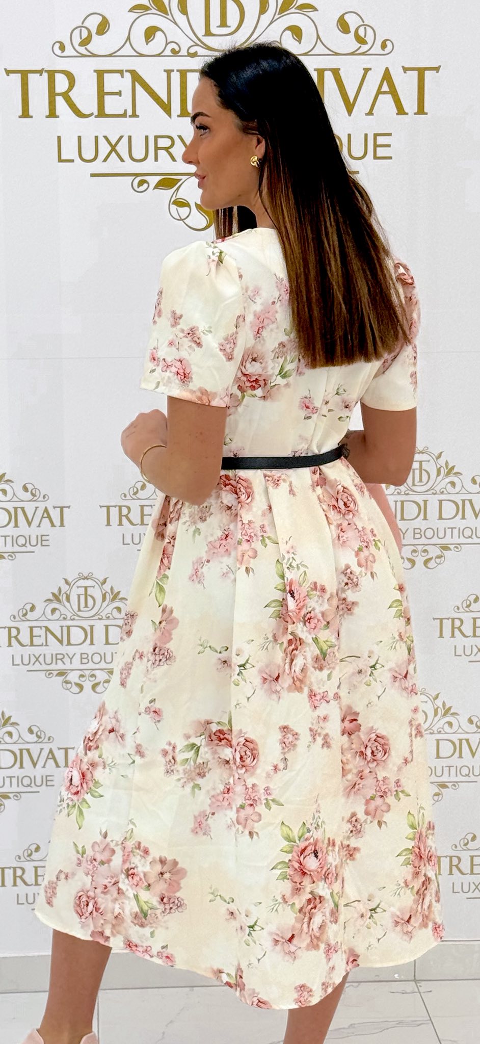 Virág mintázatú, cipzáras hátú midi ruha, ajándék övvel - Image 6