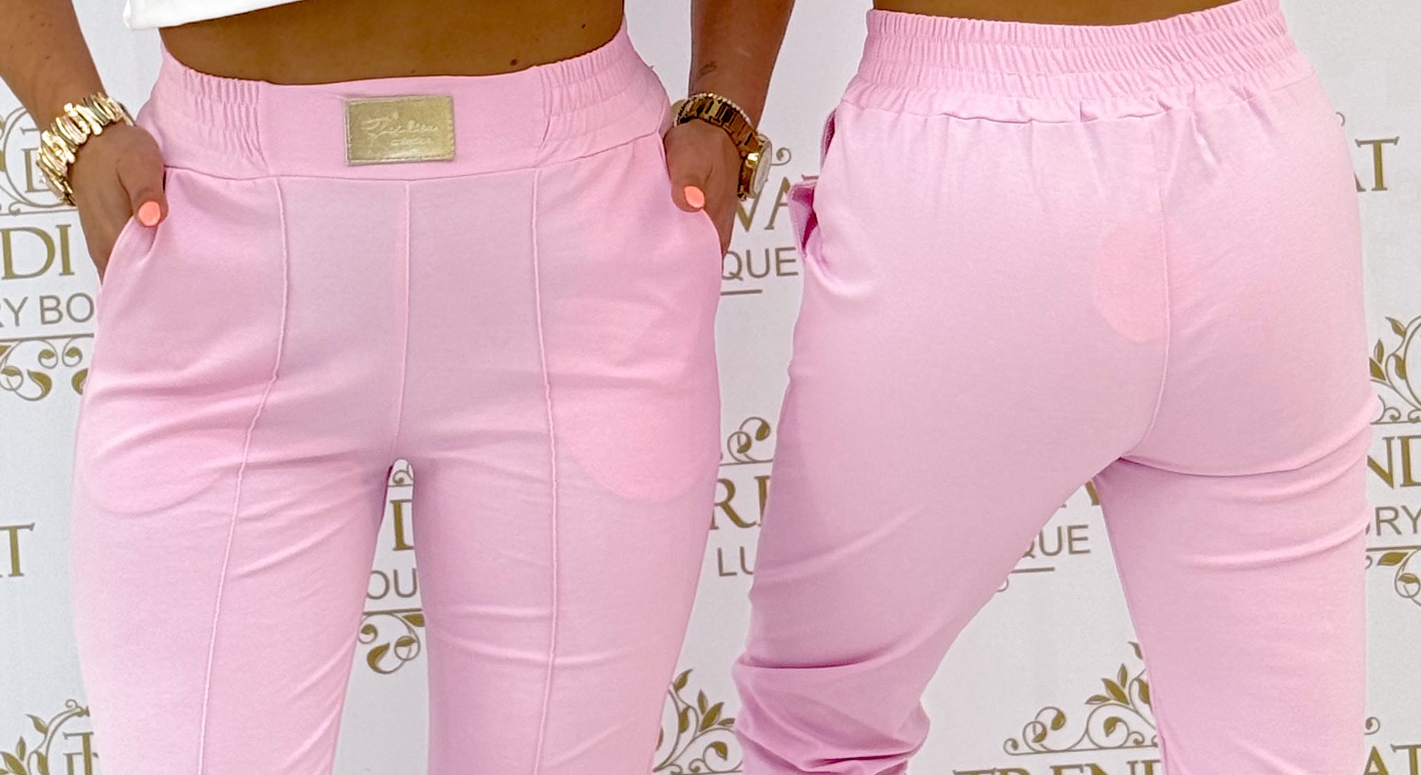 Arany színű bilétás, gumis derekú, élén varrott, elasztikus vászon anyagú nadrág - Image 14