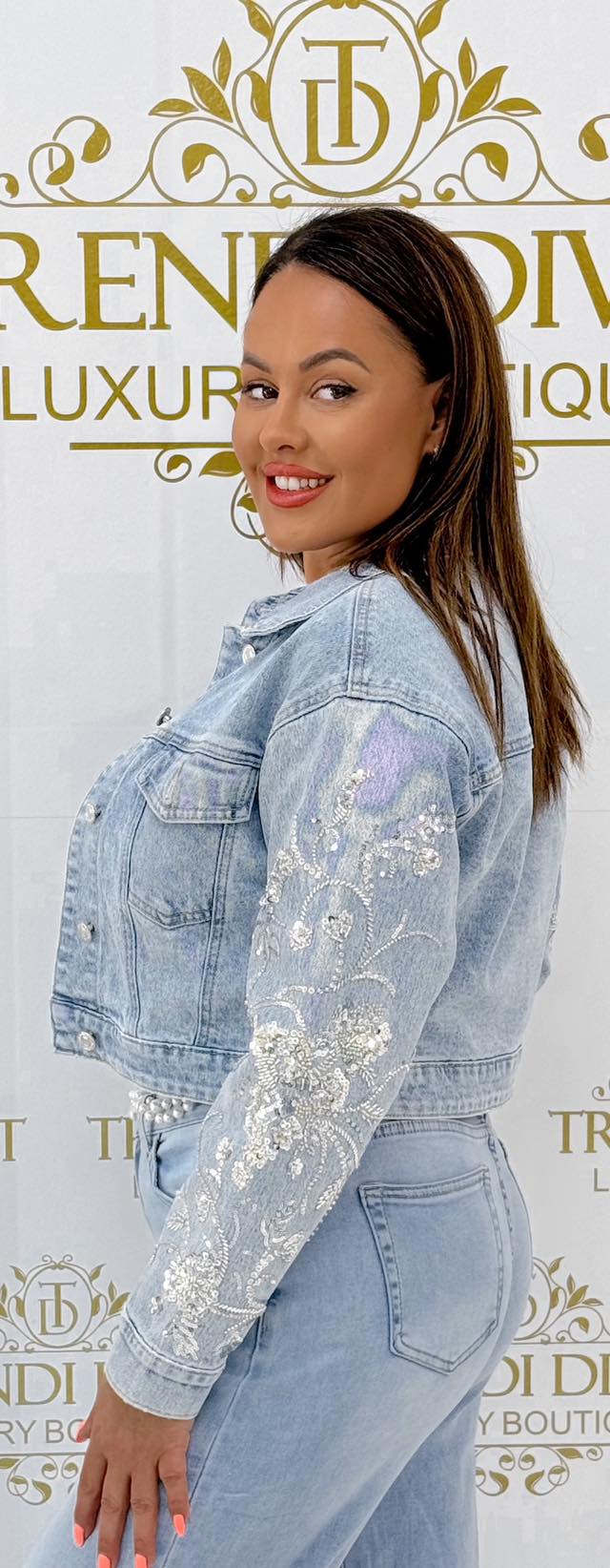 Ujján egyedi flitteres mintázatú farmerkabát"A2559" - Image 3