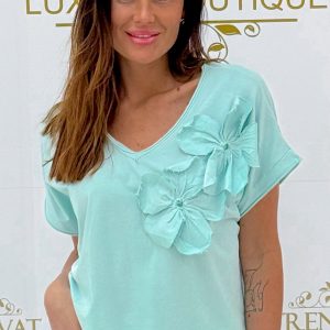 V-nyakú, laza fazonú, 3D virág mintázatú kis felső - Menta