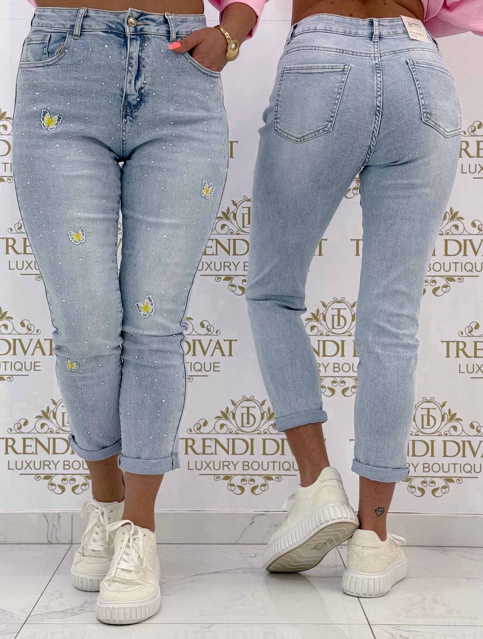 Mom fitt fazonú elasztikus, köves, lepkés farmer"BF3097-6" - Image 5