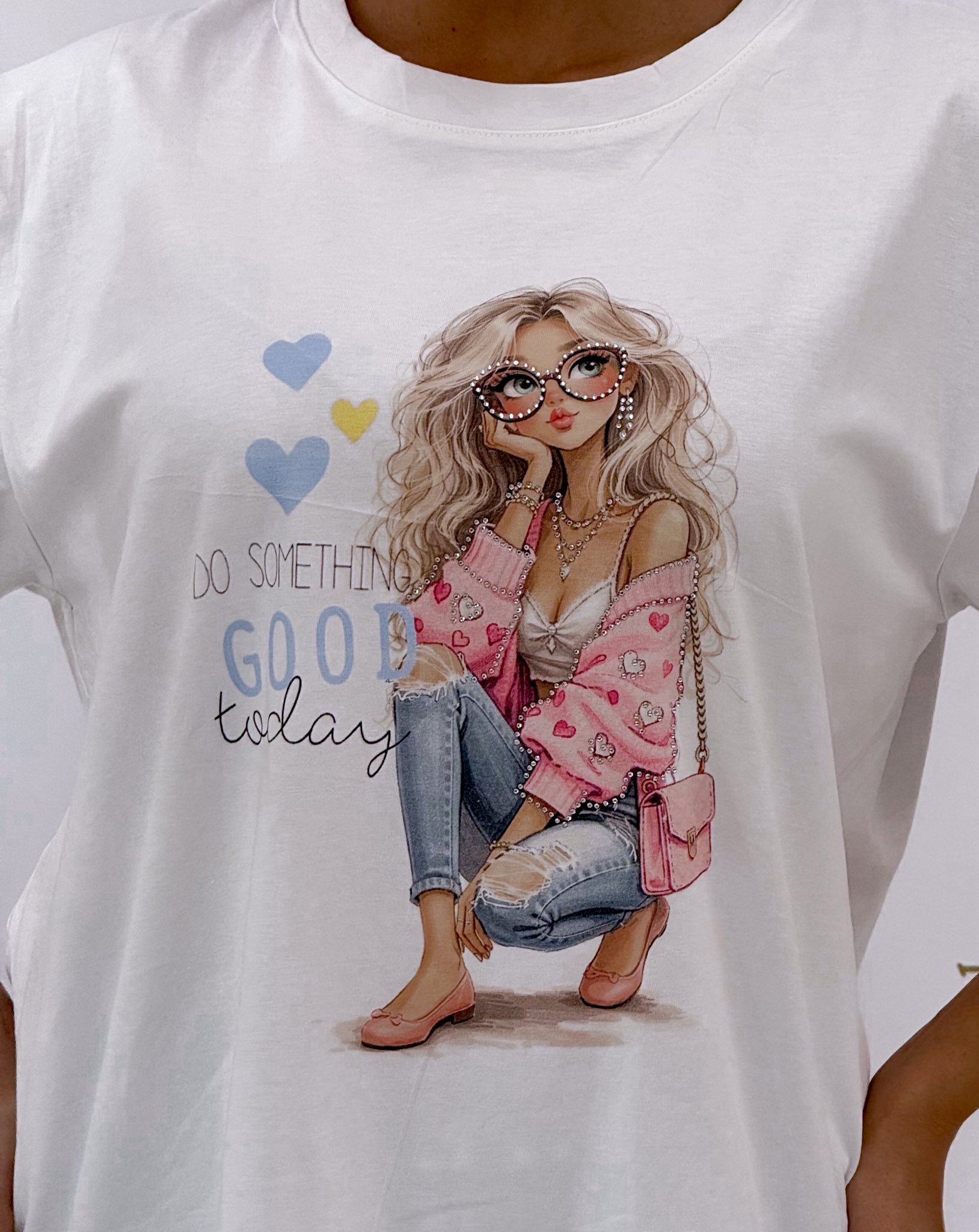 "Do something GOOD today" feliratos, kövekkel díszített női mintázatú póló - Image 7