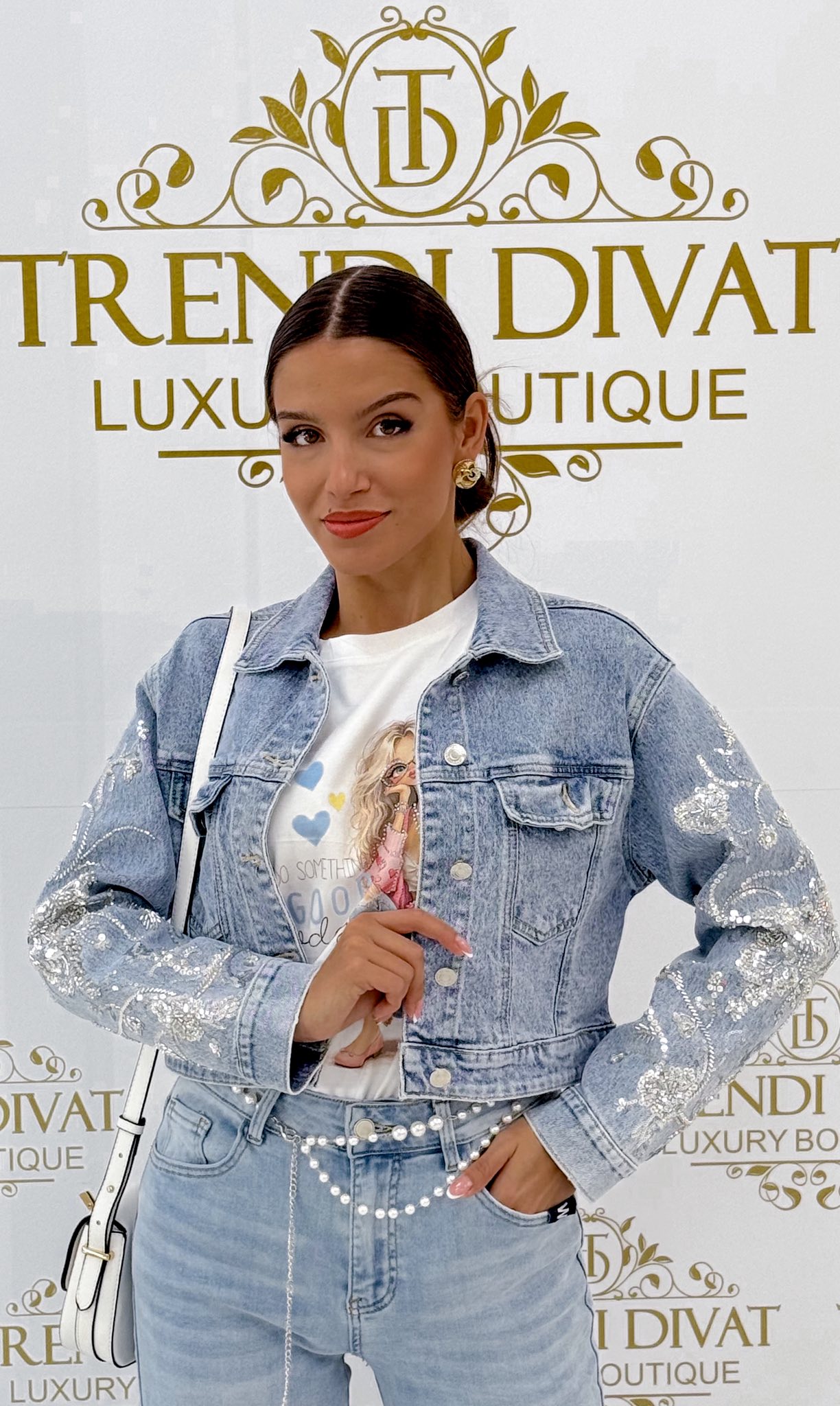 Ujján egyedi flitteres mintázatú farmerkabát"A2559" - Image 5